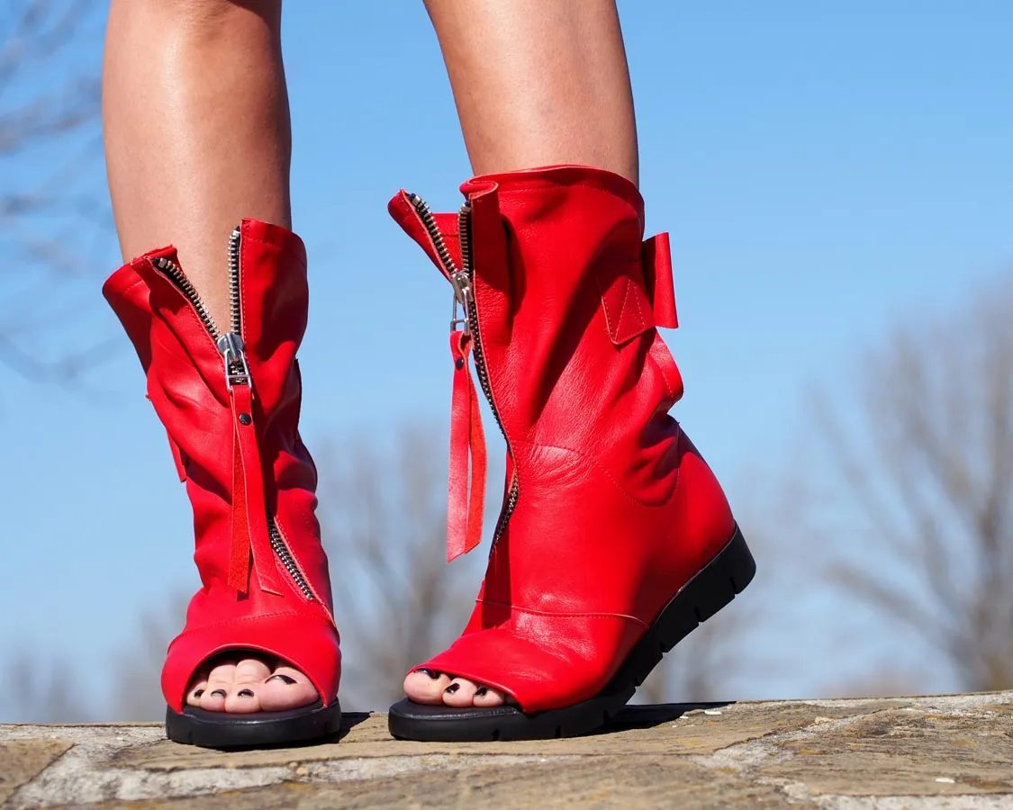 Red genuine leather summer boots/woman genuine leather summer boots