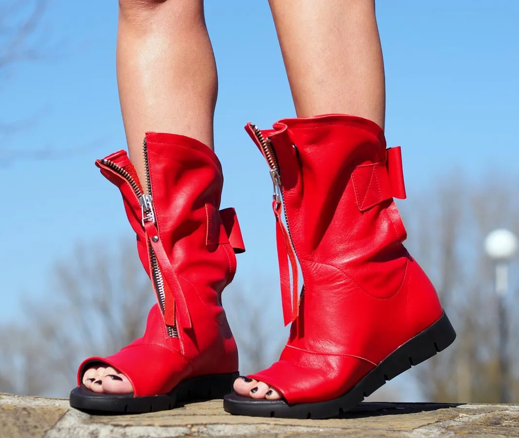 Red genuine leather summer boots/woman genuine leather summer boots