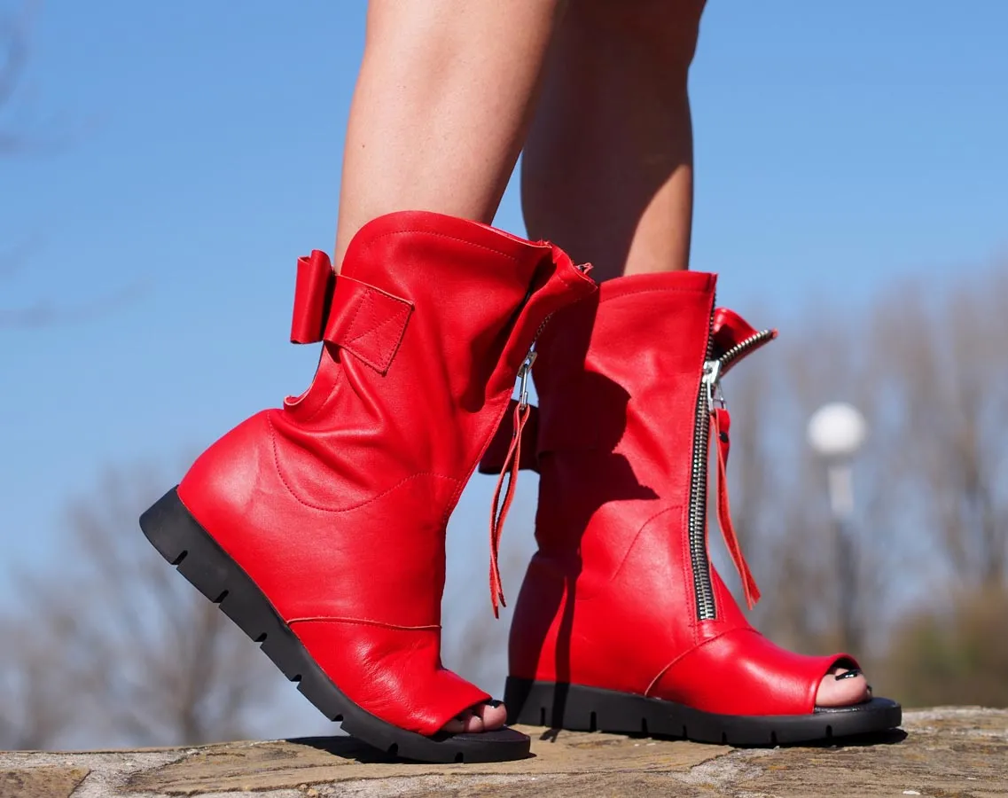 Red genuine leather summer boots/woman genuine leather summer boots