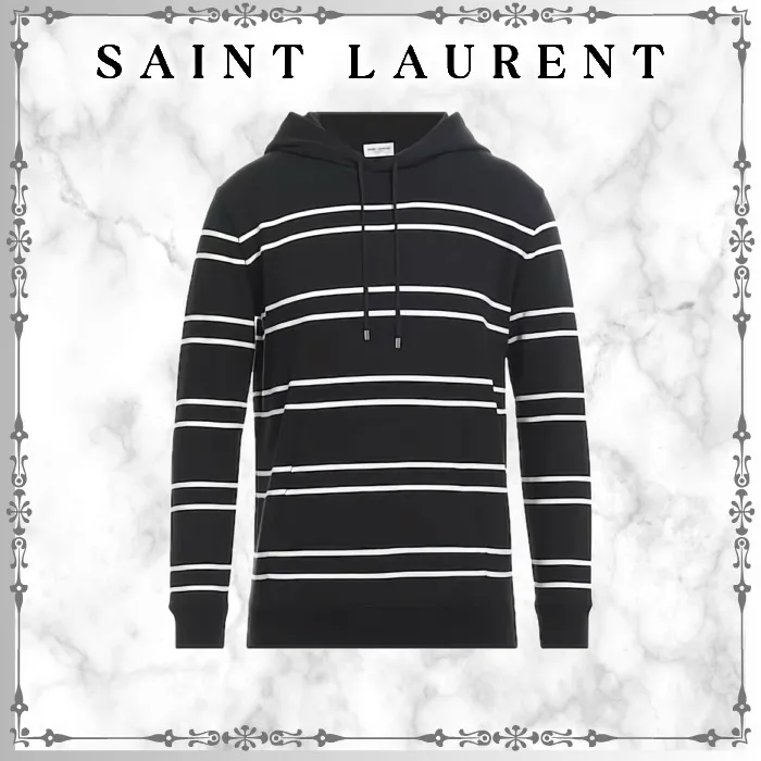 Saint Laurent  |Stripes Sweat Long Sleeves Cotton Logo Luxury Hoodies