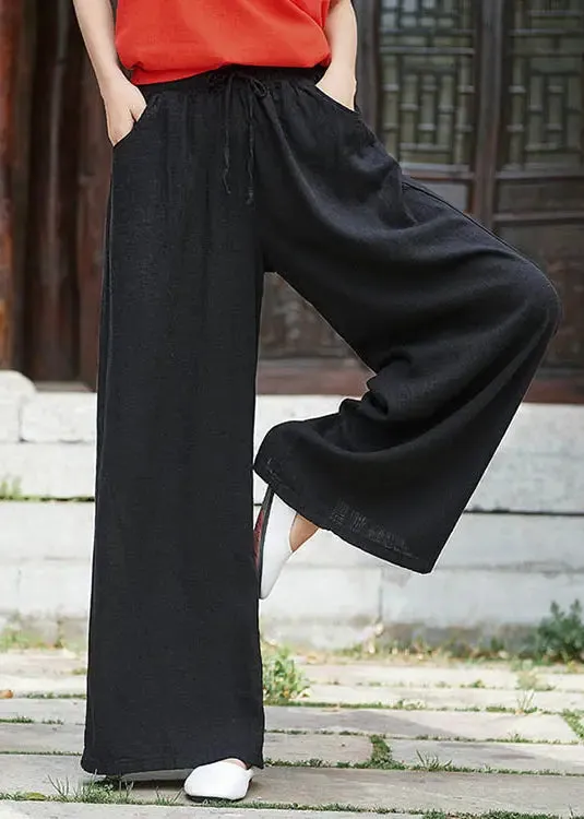 Simple Black Pockets Elastic Waist Linen Pants Summer CG1021