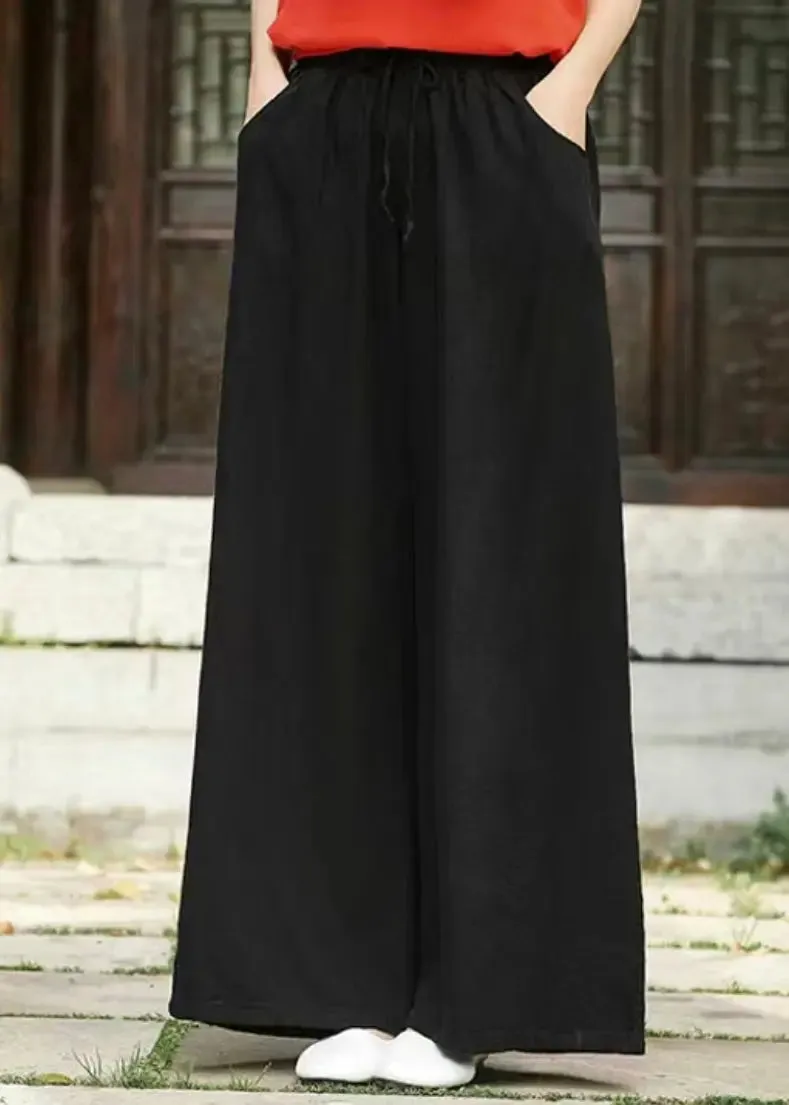 Simple Black Pockets Elastic Waist Linen Pants Summer CG1021