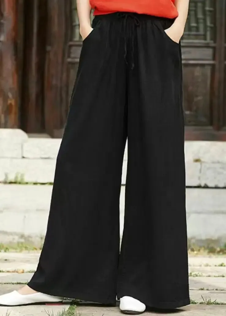 Simple Black Pockets Elastic Waist Linen Pants Summer CG1021