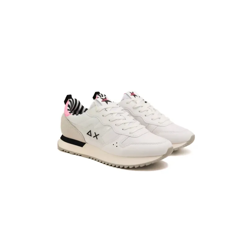 SNEAKERS DONNA IN PELLE E TESSUTO, BIANCO