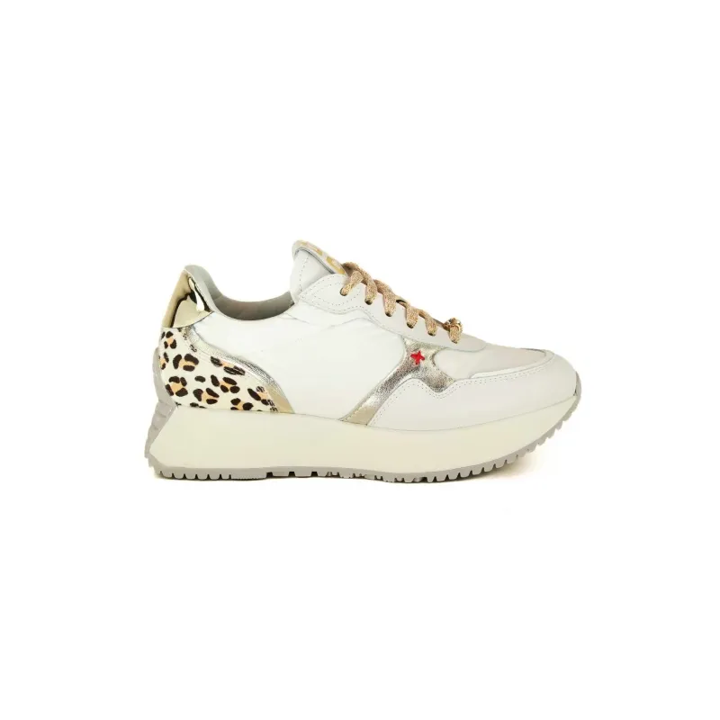 SNEAKERS DONNA IN PELLE E TESSUTO CON GIOIELLO, BIANCO