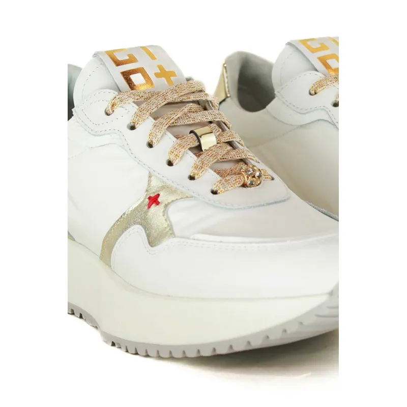 SNEAKERS DONNA IN PELLE E TESSUTO CON GIOIELLO, BIANCO