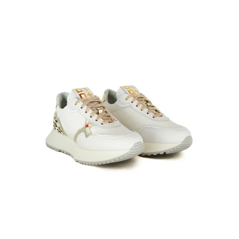 SNEAKERS DONNA IN PELLE E TESSUTO CON GIOIELLO, BIANCO