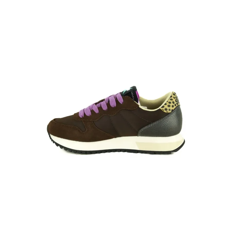 SNEAKERS DONNA IN PELLE E TESSUTO, MARRONE