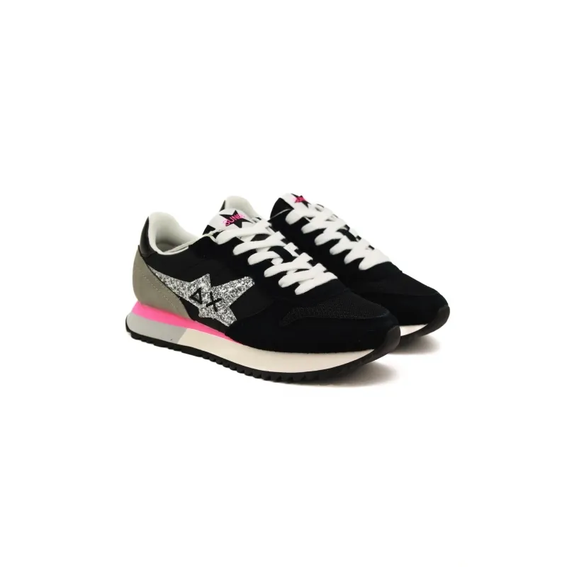 SNEAKERS DONNA IN PELLE E TESSUTO, NERO