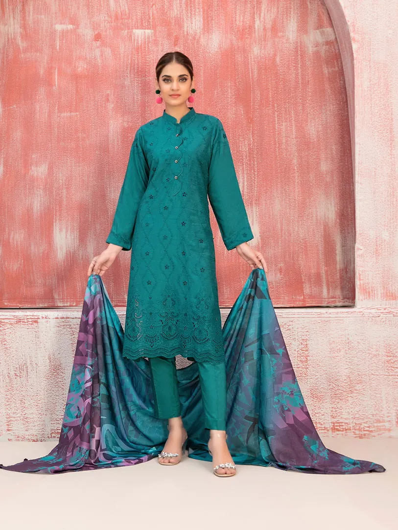 Tawakkal Fabrics Haneen Embroidered Schiffli Viscose 3Pc Suit D-9413