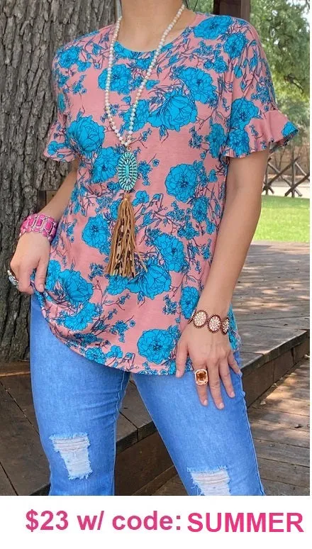 Turquoise Floral Dusty Rose top with ruffle short sleeves