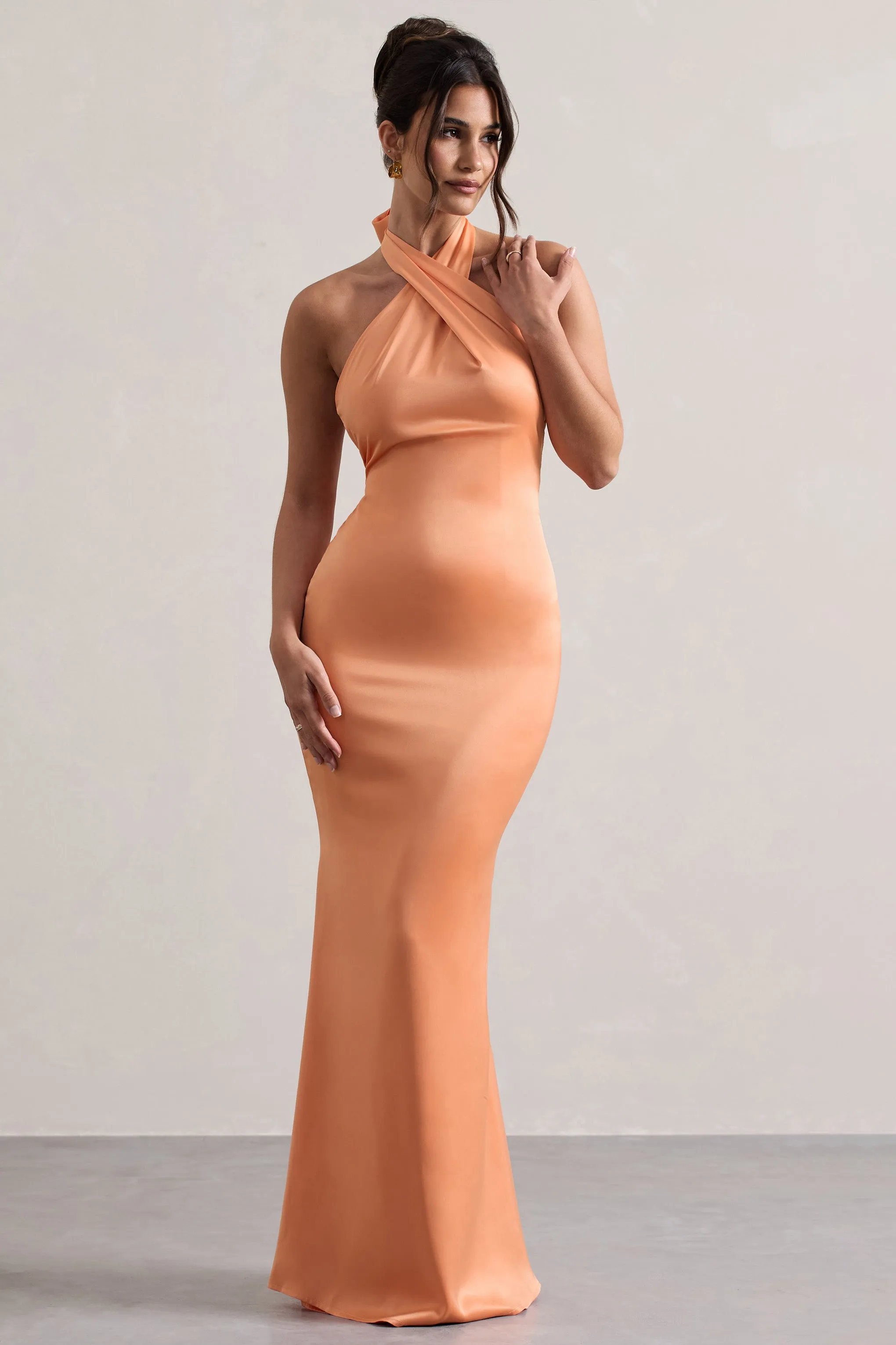 Unbeatable | Peach Satin Cross Over Halter-Neck Maxi Dress