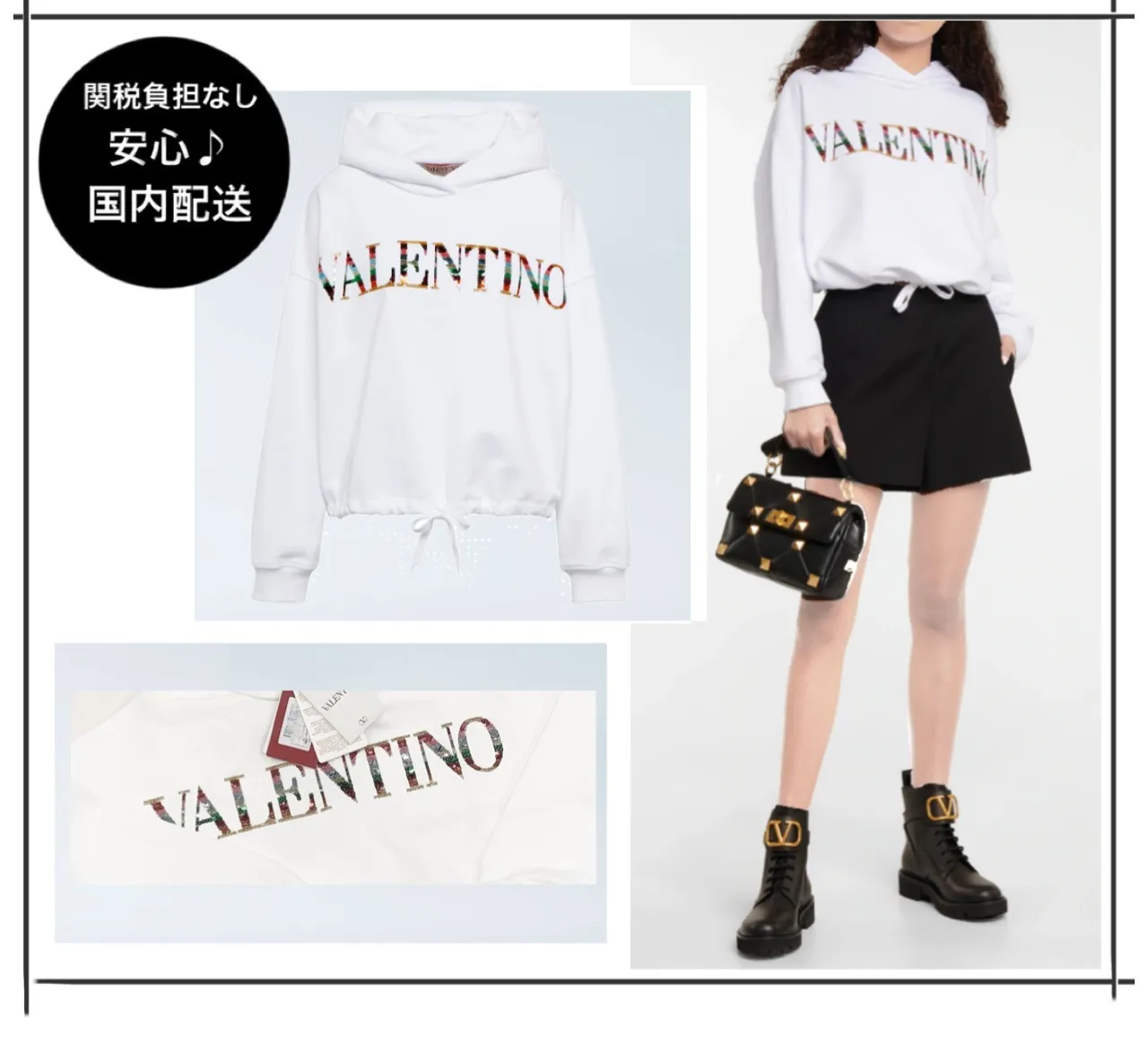 VALENTINO  |Long Sleeves Plain Cotton Logo Hoodies & Sweatshirts