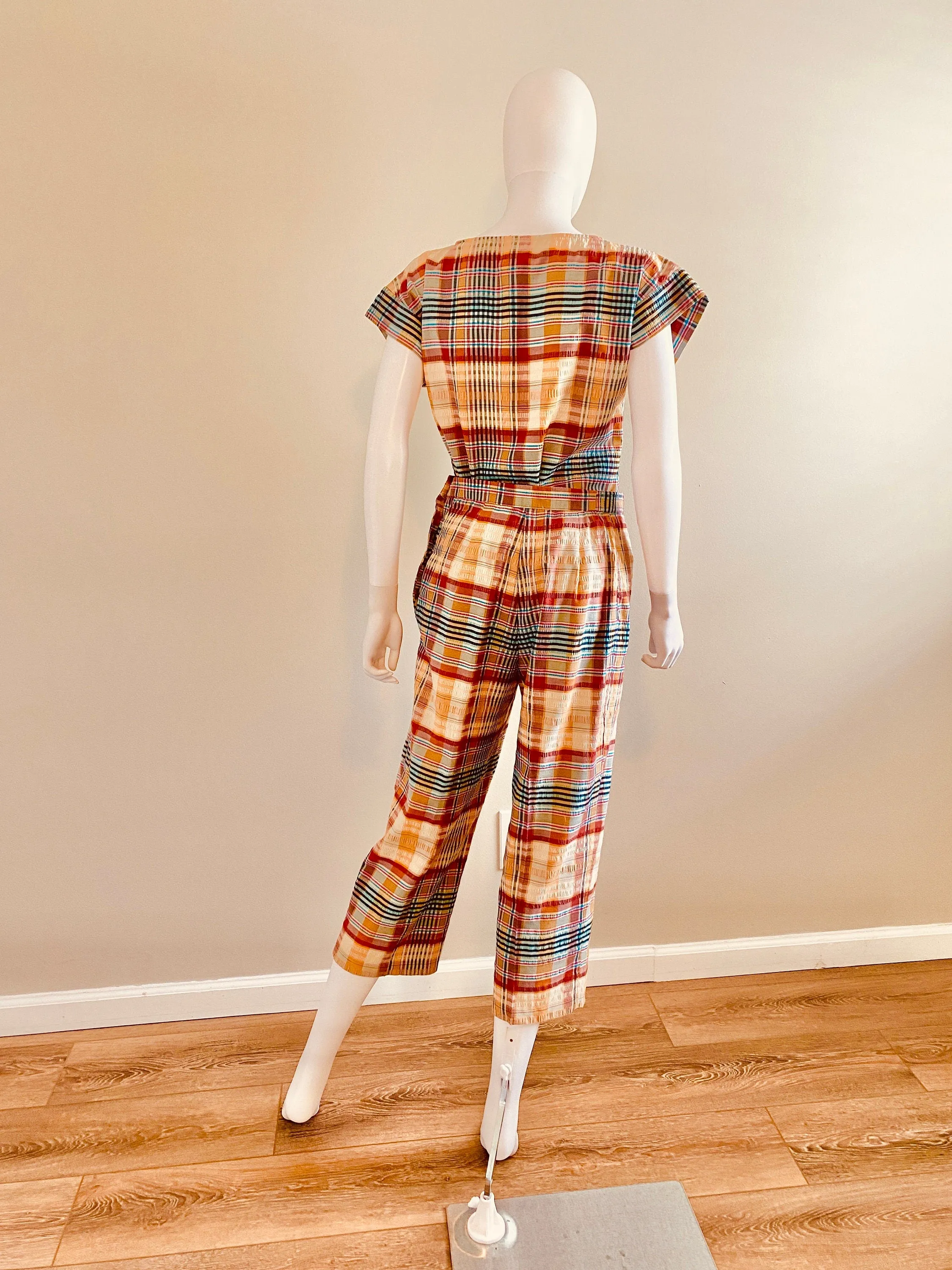 Vintage 1970s Madras Plaid Side Button Capri and Blouse Set / 70s does 1950s cotton pants and top / Size S