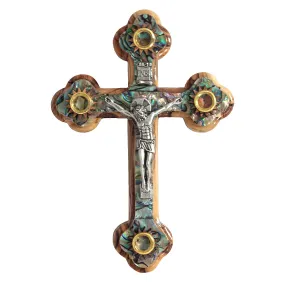 Wall Cross Natural Olive Wood Crucifix w/ Mother of Pearl & Holy Soil from Jerusalem 5,2