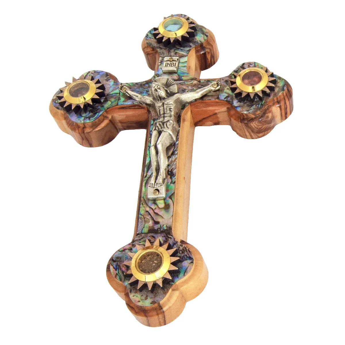 Wall Cross Natural Olive Wood Crucifix w/ Mother of Pearl & Holy Soil from Jerusalem 5,2