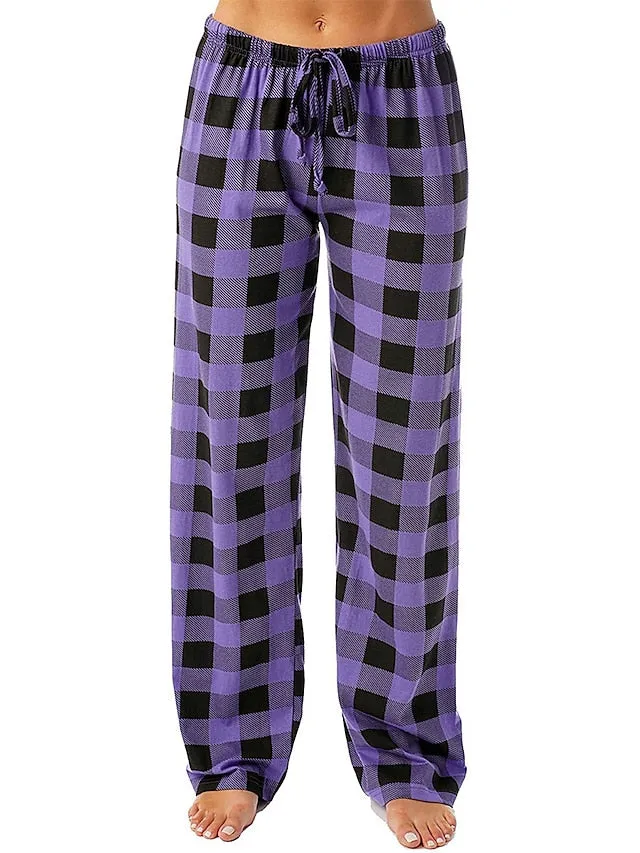 White and Pink Women's Flannel Grid/Plaid Pajama Bottoms with Adjustable Waist