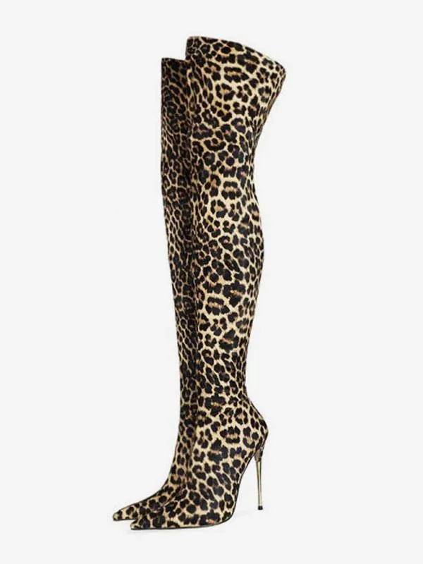 Women's Leopard Print Thigh High Heel Boots