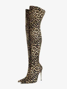 Women's Leopard Print Thigh High Heel Boots