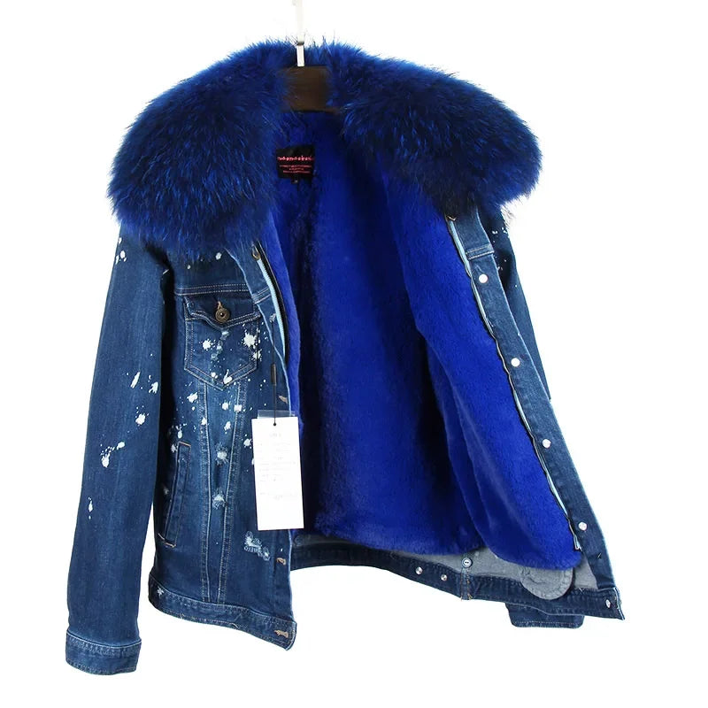 Women's Polka Dot Pattern Synthetic Fur Big Collar Winter Denim Jacket