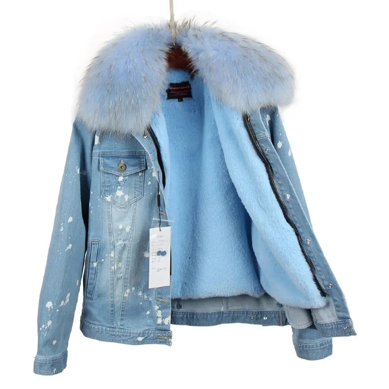 Women's Polka Dot Pattern Synthetic Fur Big Collar Winter Denim Jacket