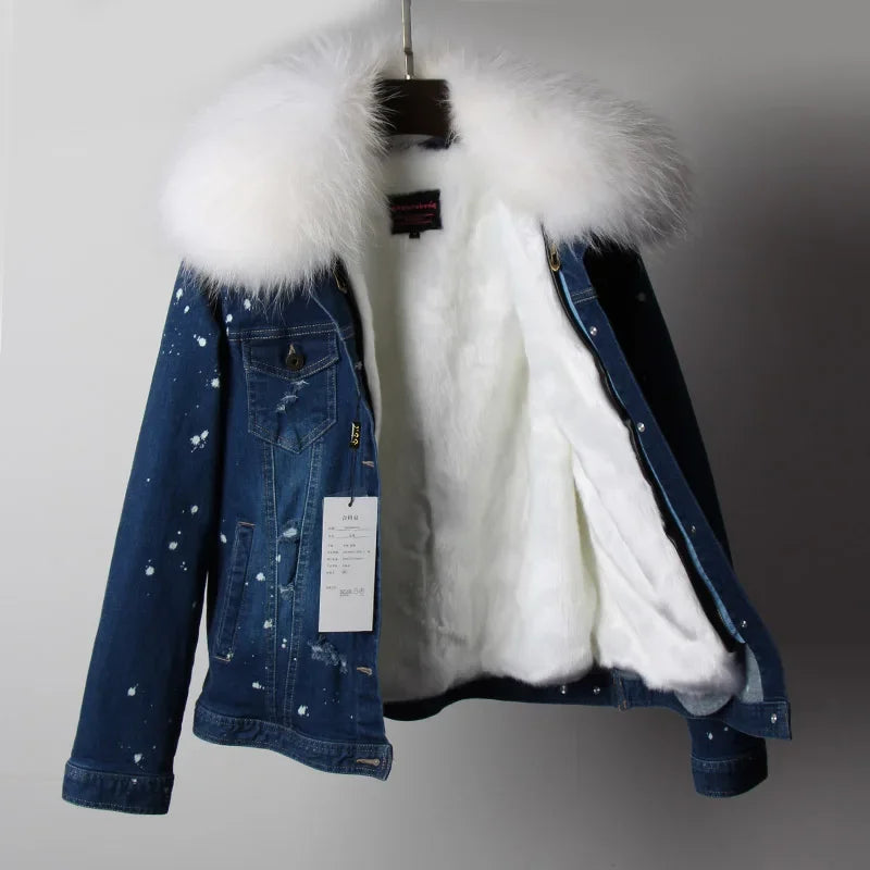 Women's Polka Dot Pattern Synthetic Fur Big Collar Winter Denim Jacket