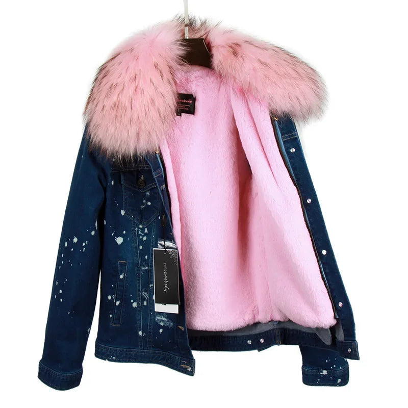 Women's Polka Dot Pattern Synthetic Fur Big Collar Winter Denim Jacket