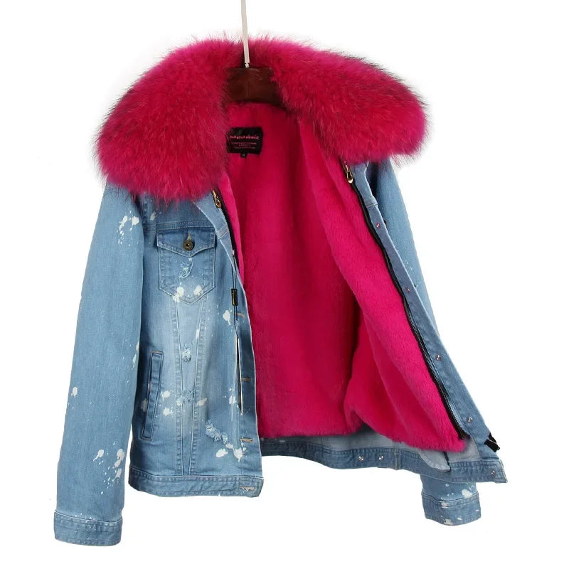 Women's Polka Dot Pattern Synthetic Fur Big Collar Winter Denim Jacket