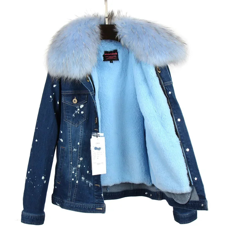 Women's Polka Dot Pattern Synthetic Fur Big Collar Winter Denim Jacket