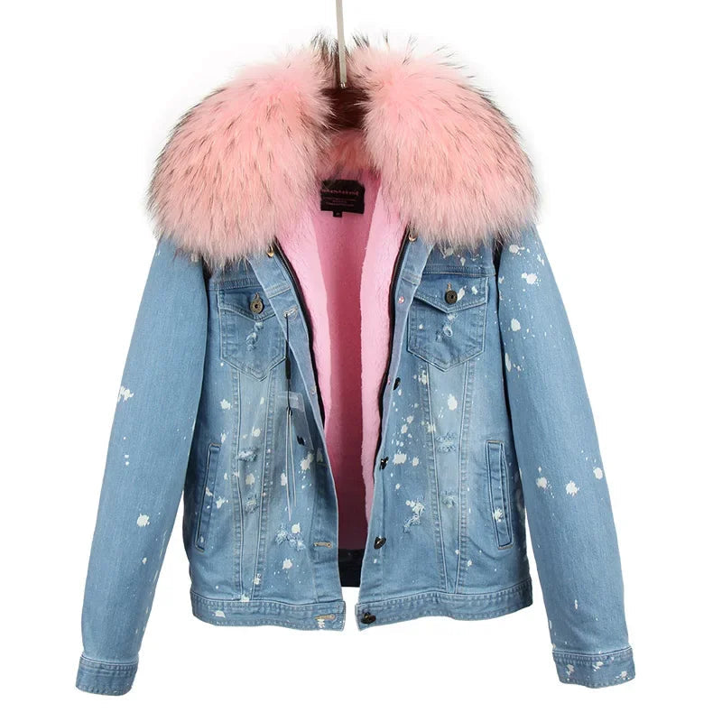 Women's Polka Dot Pattern Synthetic Fur Big Collar Winter Denim Jacket