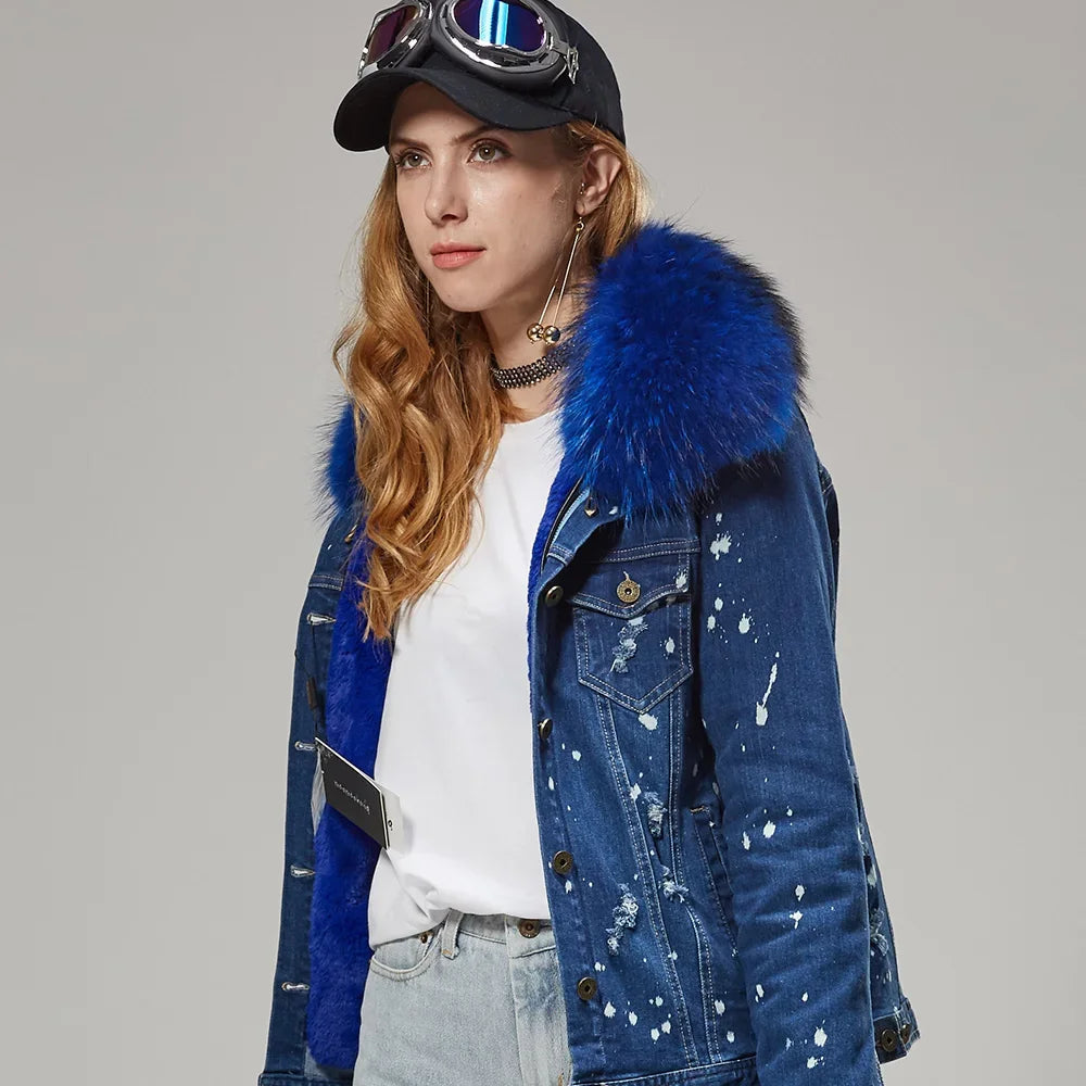 Women's Polka Dot Pattern Synthetic Fur Big Collar Winter Denim Jacket