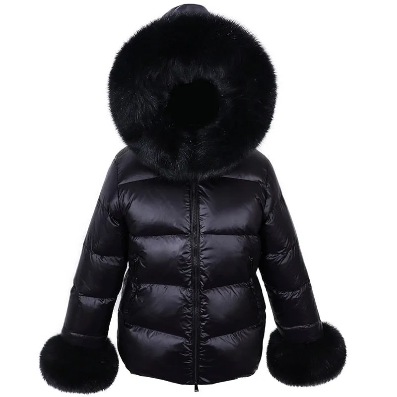 Women's Winter Natural Raccoon Fox Fur Feather Collar Puffer Jacket