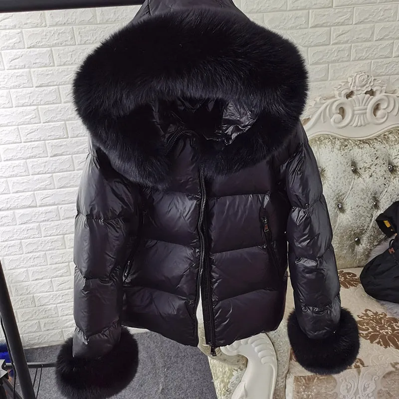 Women's Winter Natural Raccoon Fox Fur Feather Collar Puffer Jacket