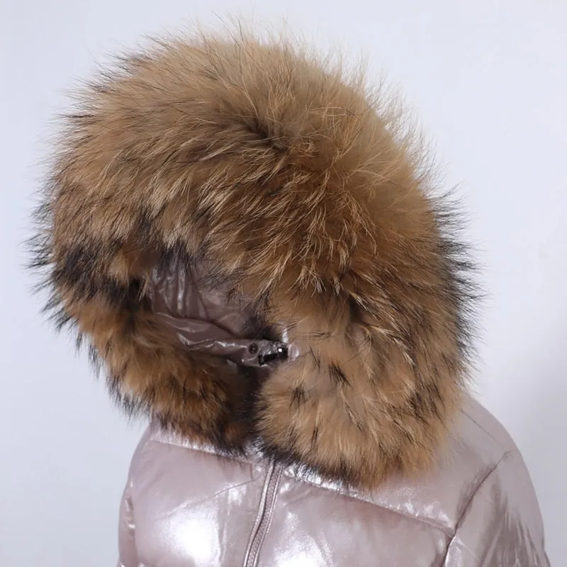 Women's Winter Natural Raccoon Fox Fur Feather Collar Puffer Jacket