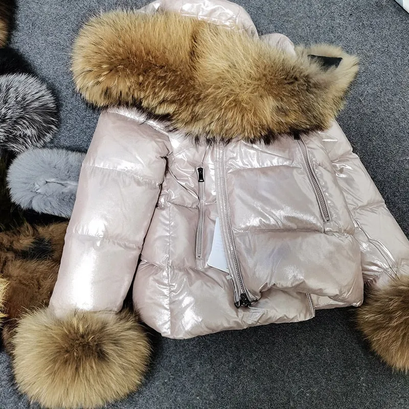 Women's Winter Natural Raccoon Fox Fur Feather Collar Puffer Jacket