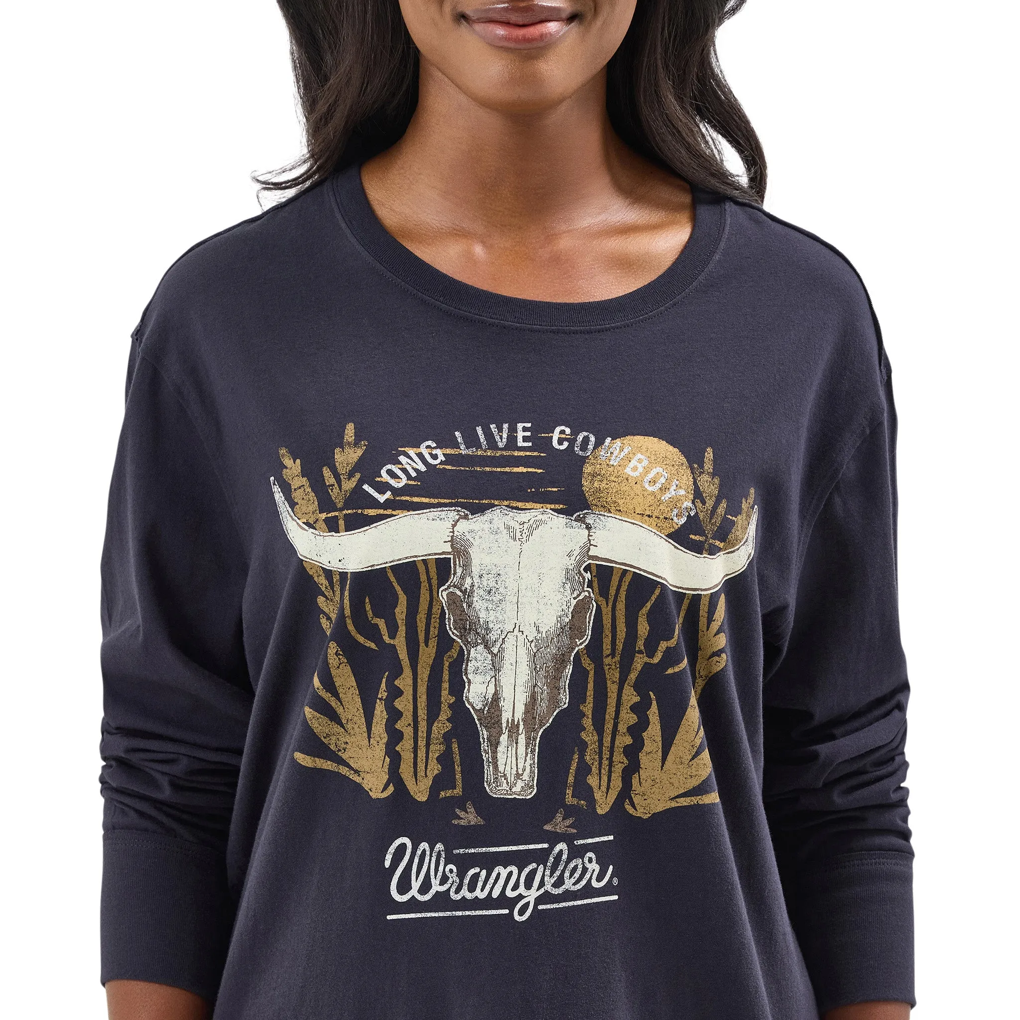 Wrangler Women's Navy Long Sleeve Steer Skull